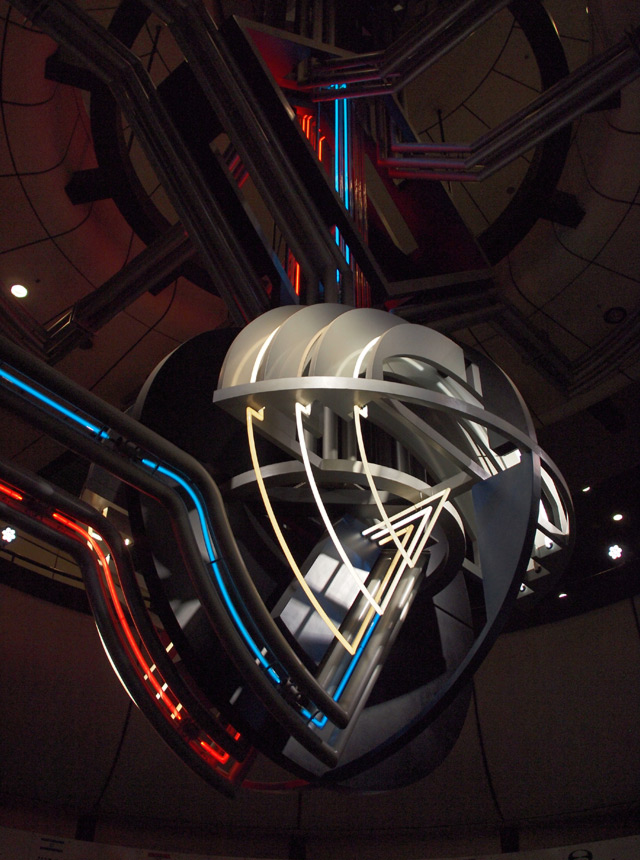 A sculpture made of steel and neon lights inside the ICC Berlin.